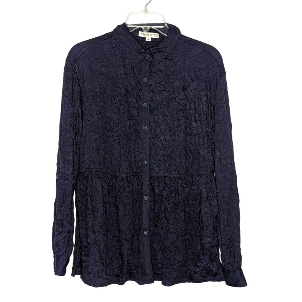 FRYE AND CO. long sleeve button front‎ peplum crinkled navy blue blouse Size S